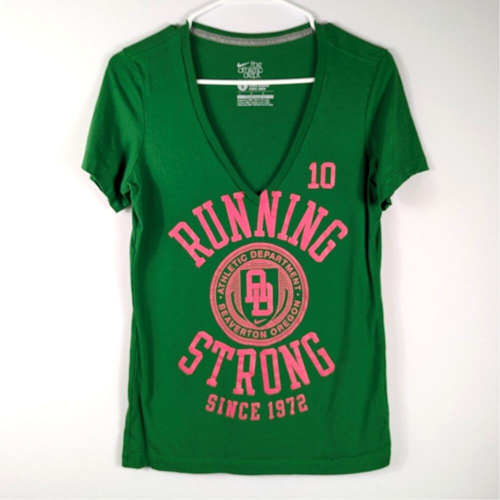 Nike Athletic Dept Running Strong V-Neck T-Shirt Womens Large Green Slim Fit